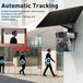 GPS outdoor solar surveillance camera with automatic human tracking, dual camera lenses, and a roof mounted solar panel monitoring people near a building