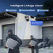 GPS solar outdoor surveillance camera mounted above a garage at night with solar panel viewing an intruder and car with human detection and auto tracking overlays