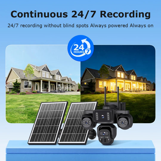 GPS solar security camera with four lenses and dual solar panels shown for continuous day and night outdoor recording at a residential property