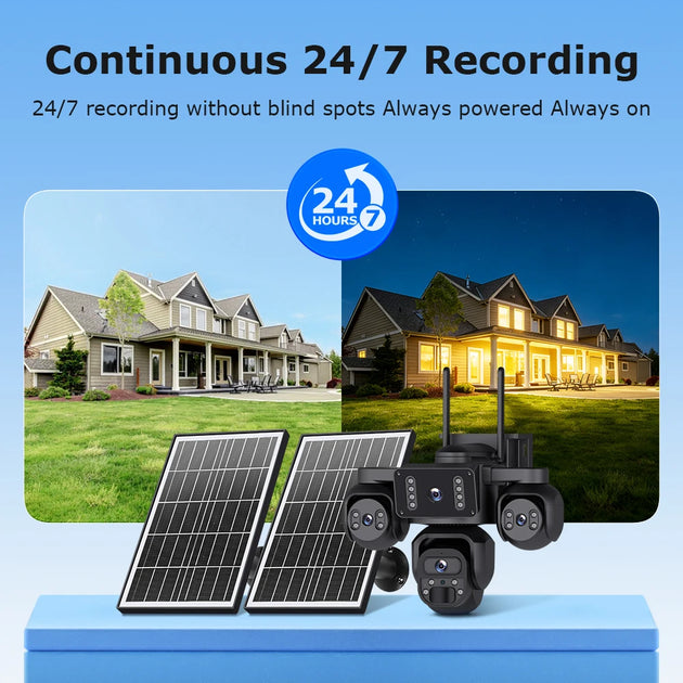 GPS solar security camera with four lenses and dual solar panels shown for continuous day and night outdoor recording at a residential property