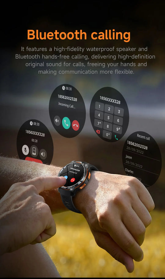 Tactical GPS smartwatch on a wrist displaying Bluetooth calling with floating call controls and keypad in an outdoor setting