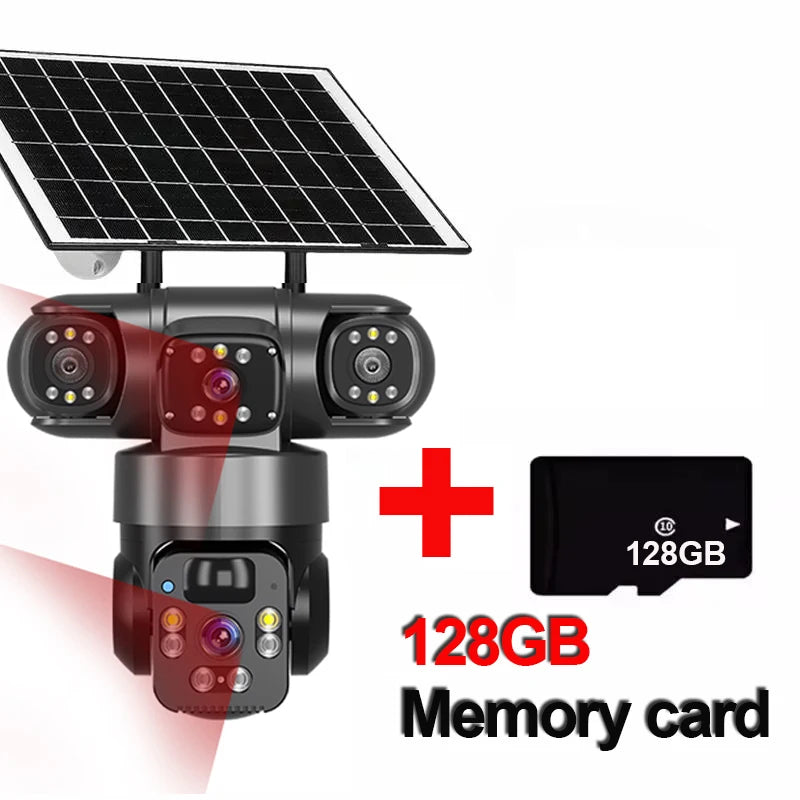 GPS solar powered outdoor security camera with multiple lenses and attached solar panel, shown alongside a 128GB memory card for video storage