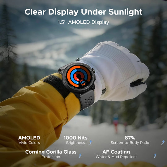 GPS DOOGEE Anymoving M1 Pro smartwatch worn on a gloved wrist outdoors with a bright AMOLED display under sunlight