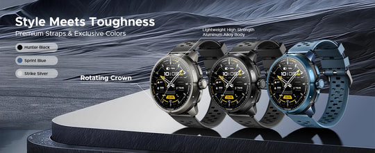 DOOGEE Anymoving M1 Pro tactical smartwatches in black silver and blue with premium straps rotating crowns and rugged aluminum bodies