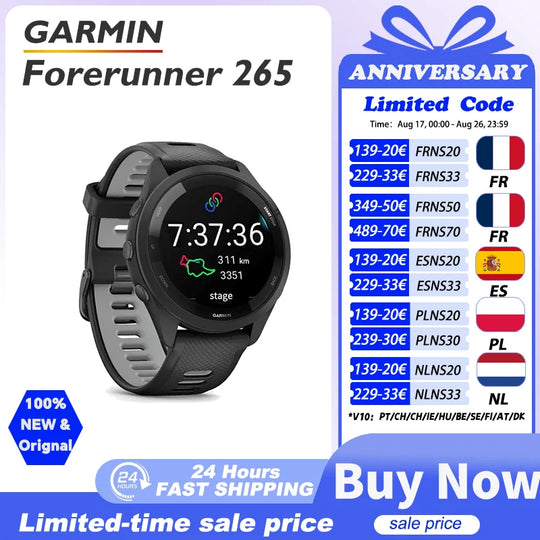 Garmin Forerunner 265 GPS smartwatch with black and gray band, round display showing workout data, featured in a limited-time sale graphic