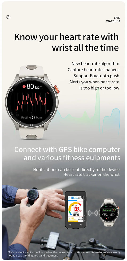 Promotional graphic showing a GPS sports smartwatch tracking heart rate, paired with a cycling computer and fitness equipment