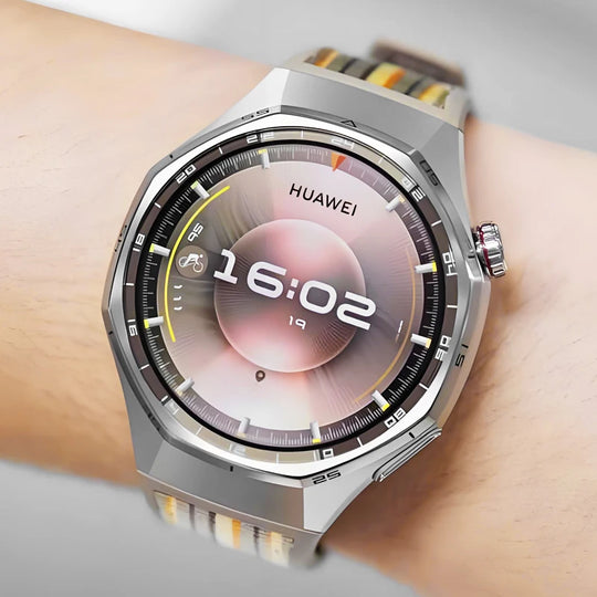 HUAWEI Watch GT 6 Pro 46mm smartwatch with a silver titanium case and round display showing 16:02, worn on a wrist