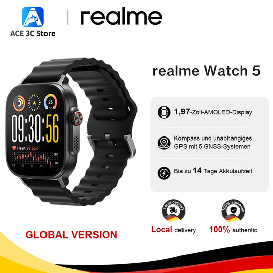 Black realme Watch 5 smartwatch with AMOLED fitness display, compass and GPS navigation, black strap, and global version label