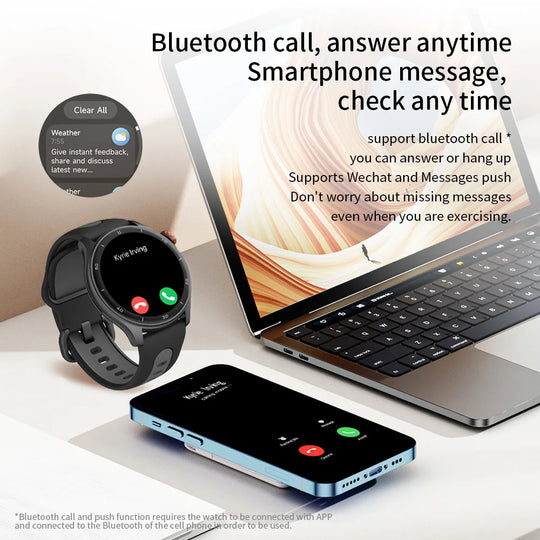 GPS sports smartwatch displaying an incoming call beside a smartphone and laptop, illustrating Bluetooth calls and message alerts