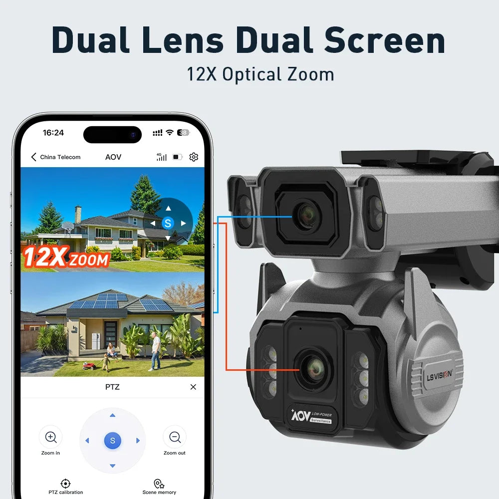 GPS LS VISION outdoor security camera with dual lenses and dual screen display, shown beside a phone app with 12x optical zoom and PTZ controls