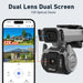 GPS LS VISION outdoor security camera with dual lenses and dual screen display, shown beside a phone app with 12x optical zoom and PTZ controls