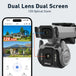 GPS LS VISION outdoor security camera with dual lenses and dual screen display, shown beside a phone app with 12x optical zoom and PTZ controls
