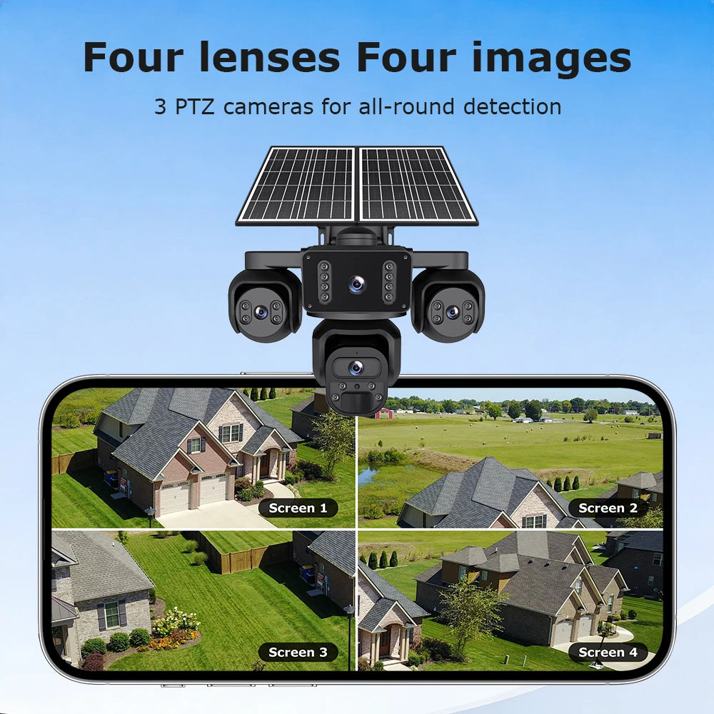 GPS four lens solar security camera with dual solar panels and four simultaneous property views displayed on a smartphone screen