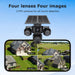 GPS four lens solar security camera with dual solar panels and four simultaneous property views displayed on a smartphone screen