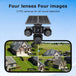 GPS four lens solar security camera with dual solar panels and four simultaneous property views displayed on a smartphone screen