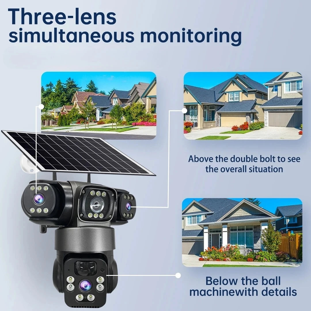 GPS three lens outdoor security camera with solar panel and three simultaneous monitoring views showing overhead and detailed home surveillance coverage