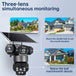 GPS three lens outdoor security camera with solar panel and three simultaneous monitoring views showing overhead and detailed home surveillance coverage