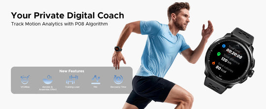 GPS smartwatch promotional graphic showing a runner wearing the watch with a close up display and private digital coach features