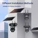 Installation methods infographic showing GPS solar powered outdoor security cameras with multiple lenses and panels mounted on walls for different surveillance setups