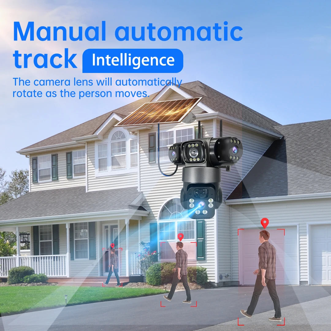GPS solar powered outdoor security camera with multiple lenses tracking people around a house using intelligent automatic rotation and motion detection