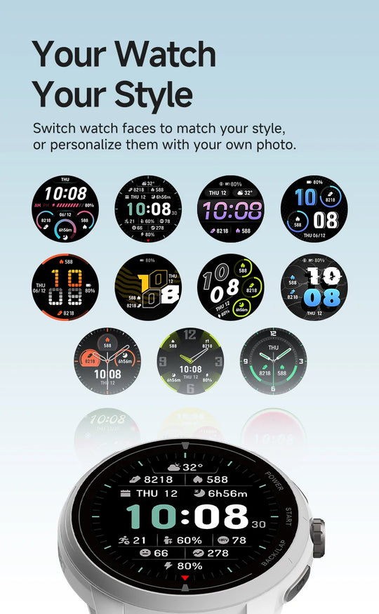 iGPSPORT VeRun GPS sports watch with customizable digital watch faces shown in a style selection graphic