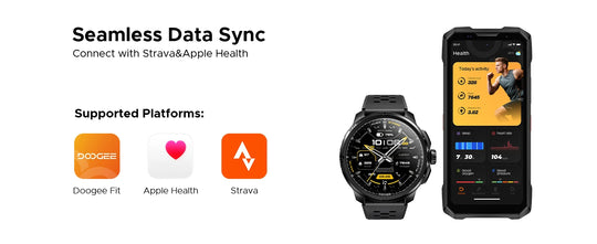 DOOGEE Anymoving M1 Pro smartwatch and rugged phone showing seamless data sync with DOOGEE Fit, Apple Health and Strava