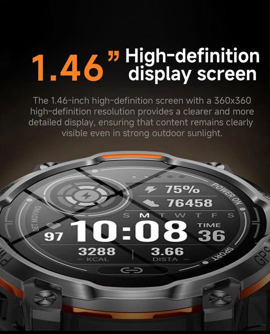 Tactical GPS smartwatch with a 1.46 inch high definition display, rugged black and orange case, digital time, steps, calories and distance	stats