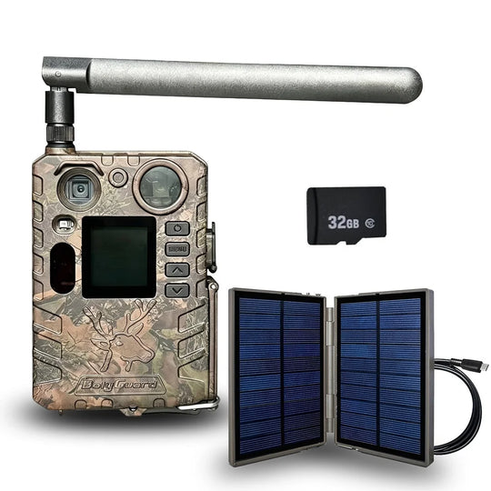 Camouflage BolyGuard cellular trail camera with antenna, foldable solar panel and 32GB memory card