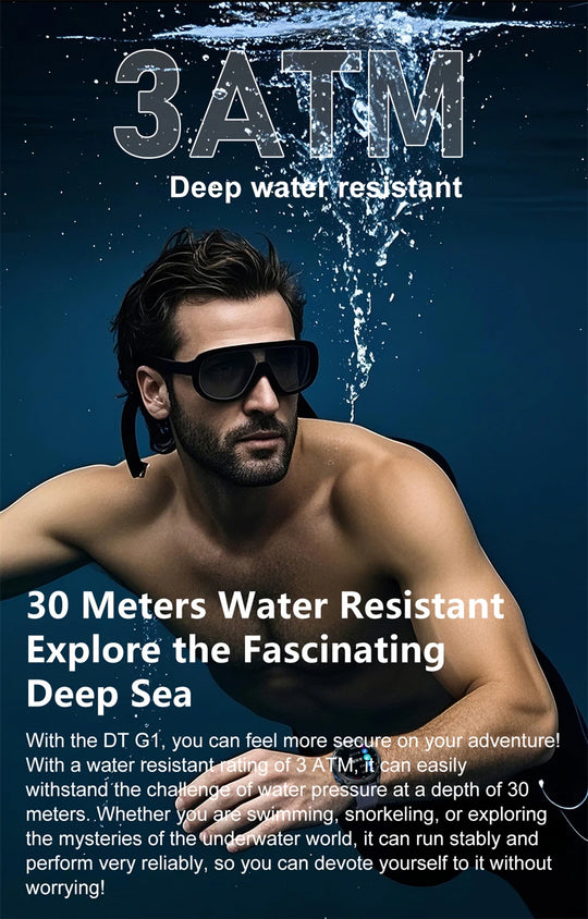 Outdoor military GPS smartwatch water resistance graphic showing a swimmer underwater with 3ATM and 30 meter rating