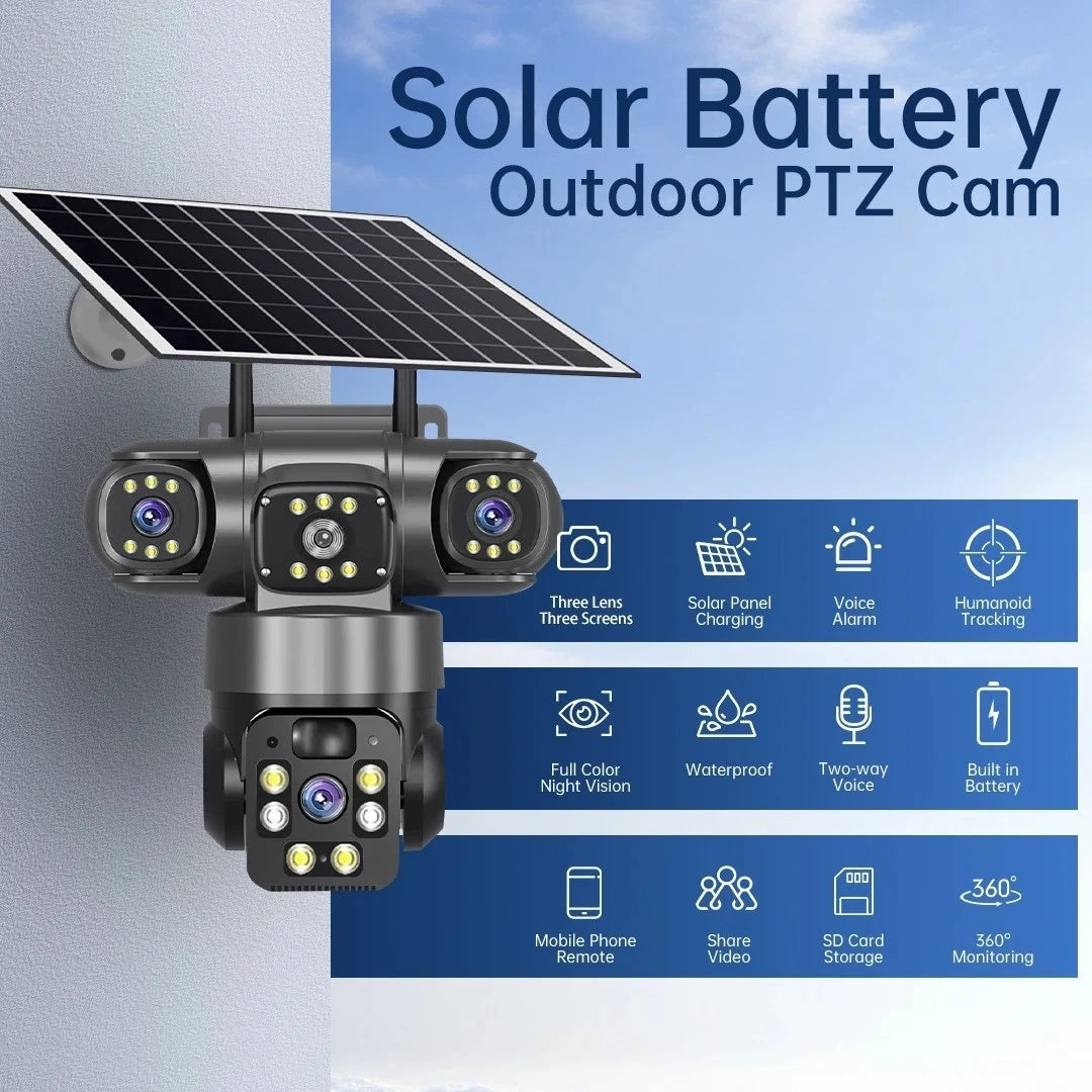 GPS solar powered outdoor PTZ security camera with three lenses, solar panel, night vision, waterproof housing, two way audio, built in battery, and phone monitoring features
