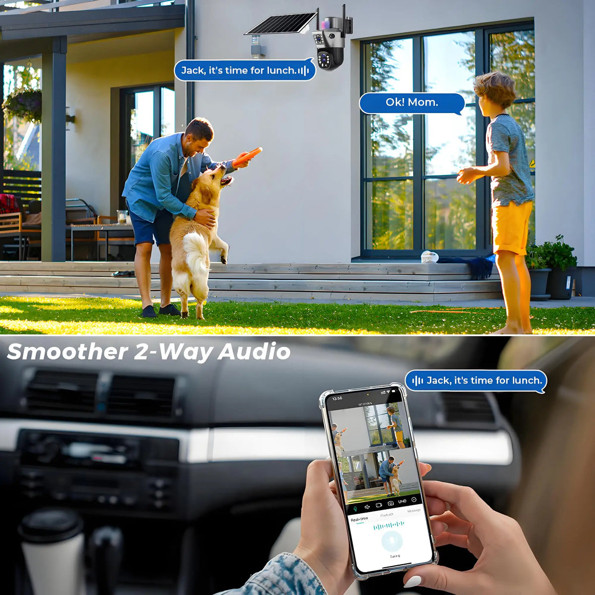 GPS solar outdoor security camera showing two way audio communication between a homeowner and child with live footage viewed on a smartphone