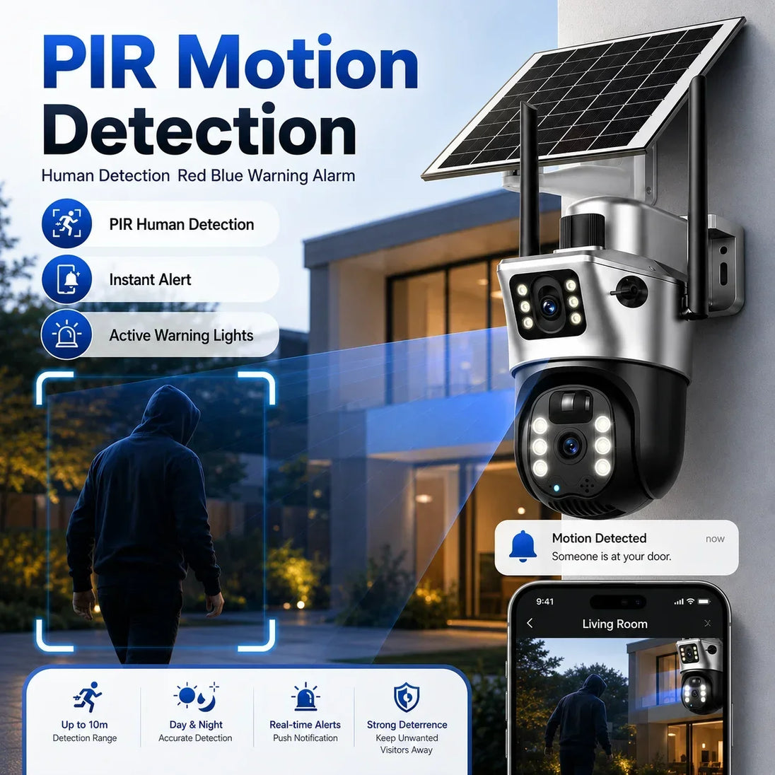 GPS outdoor solar powered dual lens security camera mounted on a wall with PIR motion detection alerts warning lights and smartphone live view