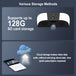 GPS security camera storage infographic showing up to 128GB SD card storage and optional cloud video storage through a mobile app, with a paid subscription required