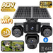 GPS 20MP solar security camera with four lenses, solar panel, WiFi, 24 hour recording, four screen views, and 64GB microSD card for wildlife monitoring