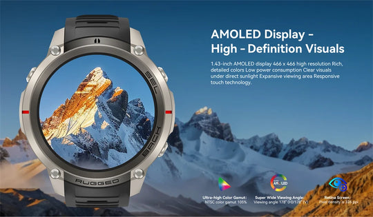 Rugged GPS smartwatch with AMOLED display showing a mountain scene, set against snowy peaks with high definition visual callouts