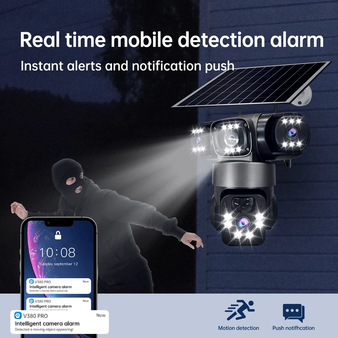 GPS solar powered outdoor security camera with triple lenses and motion detection shown sending real time alerts and push notifications to a mobile phone