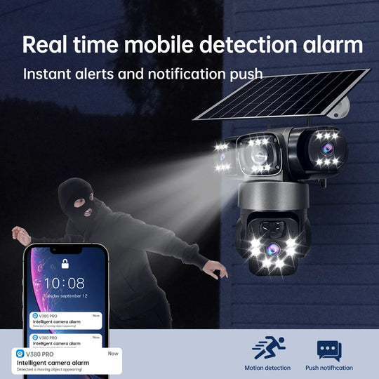 GPS solar powered outdoor security camera with triple lenses and motion detection shown sending real time alerts and push notifications to a mobile phone