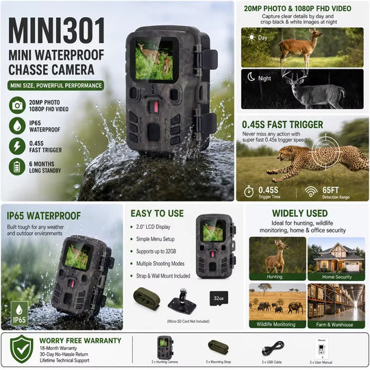 MINI301 waterproof trail camera infographic showing night vision, fast trigger, mounting options, and wildlife and home security uses