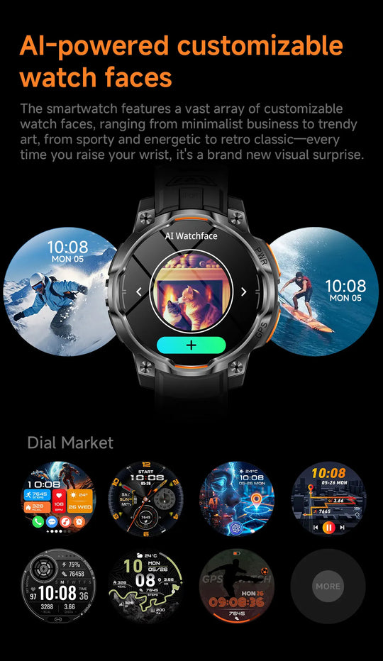 AI powered customizable watch faces shown on a GPS tactical smartwatch with multiple digital designs and colorful outdoor themes