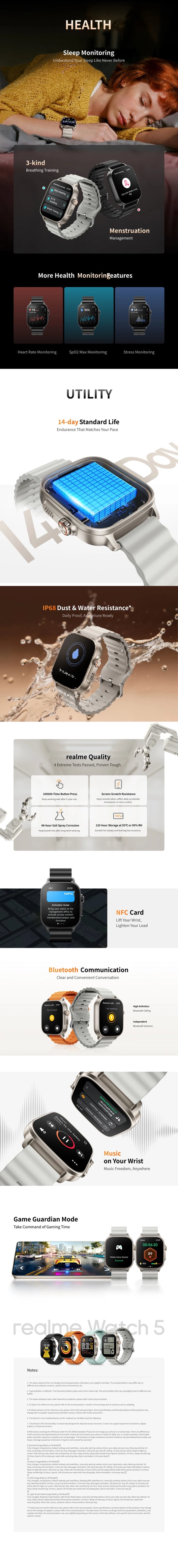 Realme Watch 5 smartwatch infographic showing AMOLED display GPS navigation health tracking battery life and watch styles
