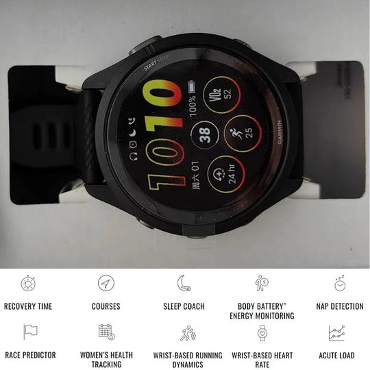 Black GPS smartwatch displaying training metrics with icons for recovery, sleep coaching, body battery and race prediction