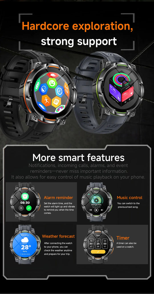 Tactical GPS smartwatch infographic showing two rugged watches with notifications, music control, weather forecast, and timer features