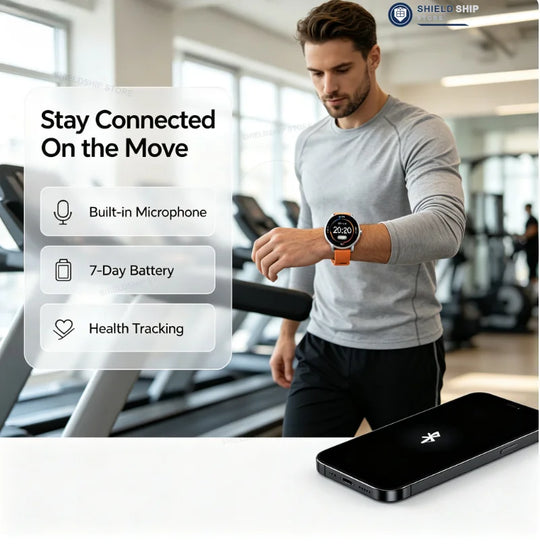 Man wearing a fitness smartwatch in a gym beside a smartphone, with built in microphone, 7 day battery and health tracking features shown.