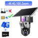 GPS solar powered outdoor security camera with solar panel, PTZ dual lens design, 4G SIM support, 10X zoom, and 64GB memory card slot