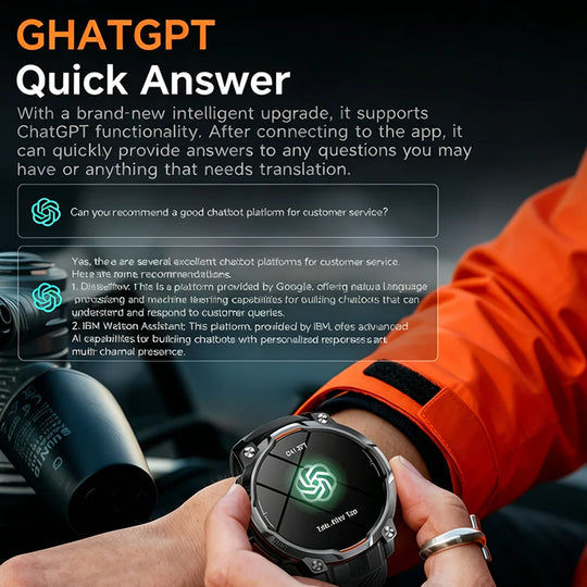 GPS tactical smartwatch held in hand, showing a ChatGPT themed screen with an orange outdoor jacket and feature text overlay