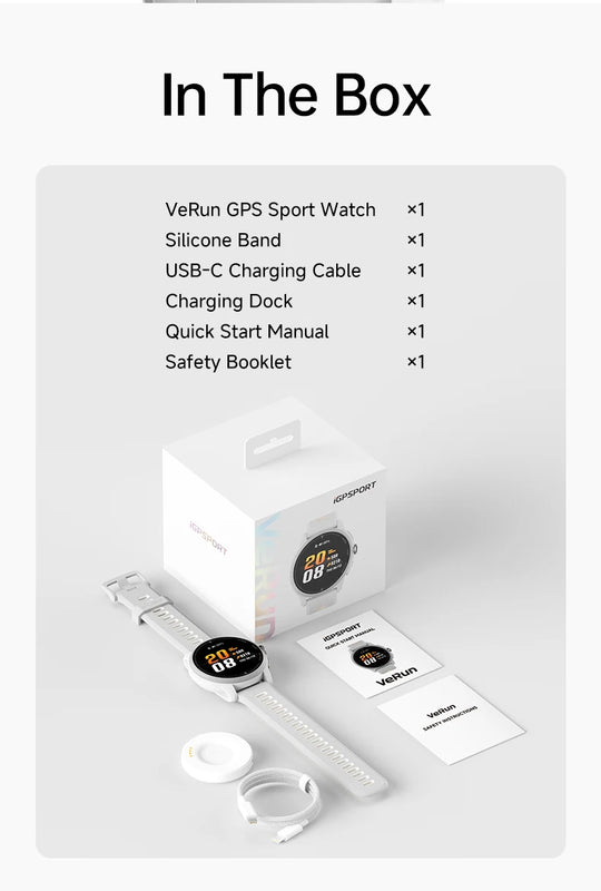 In the box with VeRun GPS sport watch, silicone band, USB C charging cable, charging dock, quick start manual and safety booklet