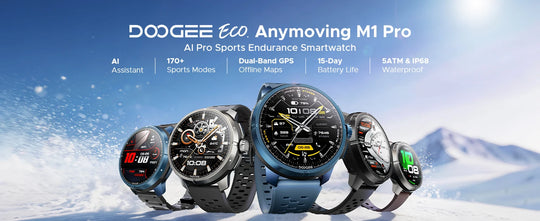DOOGEE Anymoving M1 Pro tactical smartwatches displayed against a snowy mountain landscape with AMOLED screens and GPS features advertised