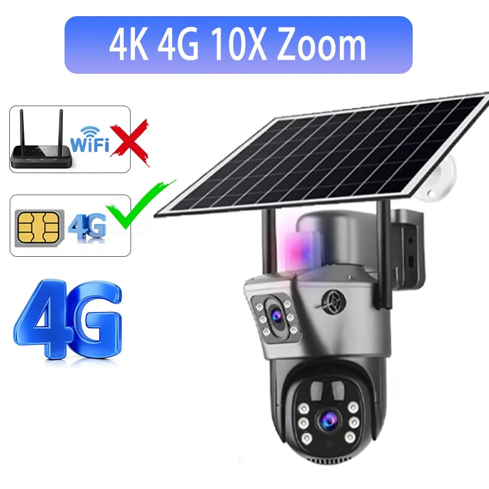 GPS 4G solar outdoor surveillance camera with angled solar panel, SIM card support, visible dual lenses, and 10x zoom for remote security monitoring