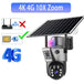 GPS 4G solar outdoor surveillance camera with angled solar panel, SIM card support, visible dual lenses, and 10x zoom for remote security monitoring