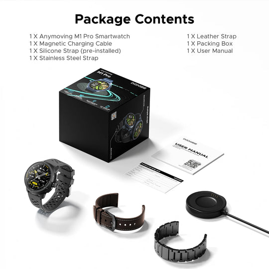 Package contents for the DOOGEE Anymoving M1 Pro smartwatch with leather, silicone and stainless steel straps, charger, box and user manual